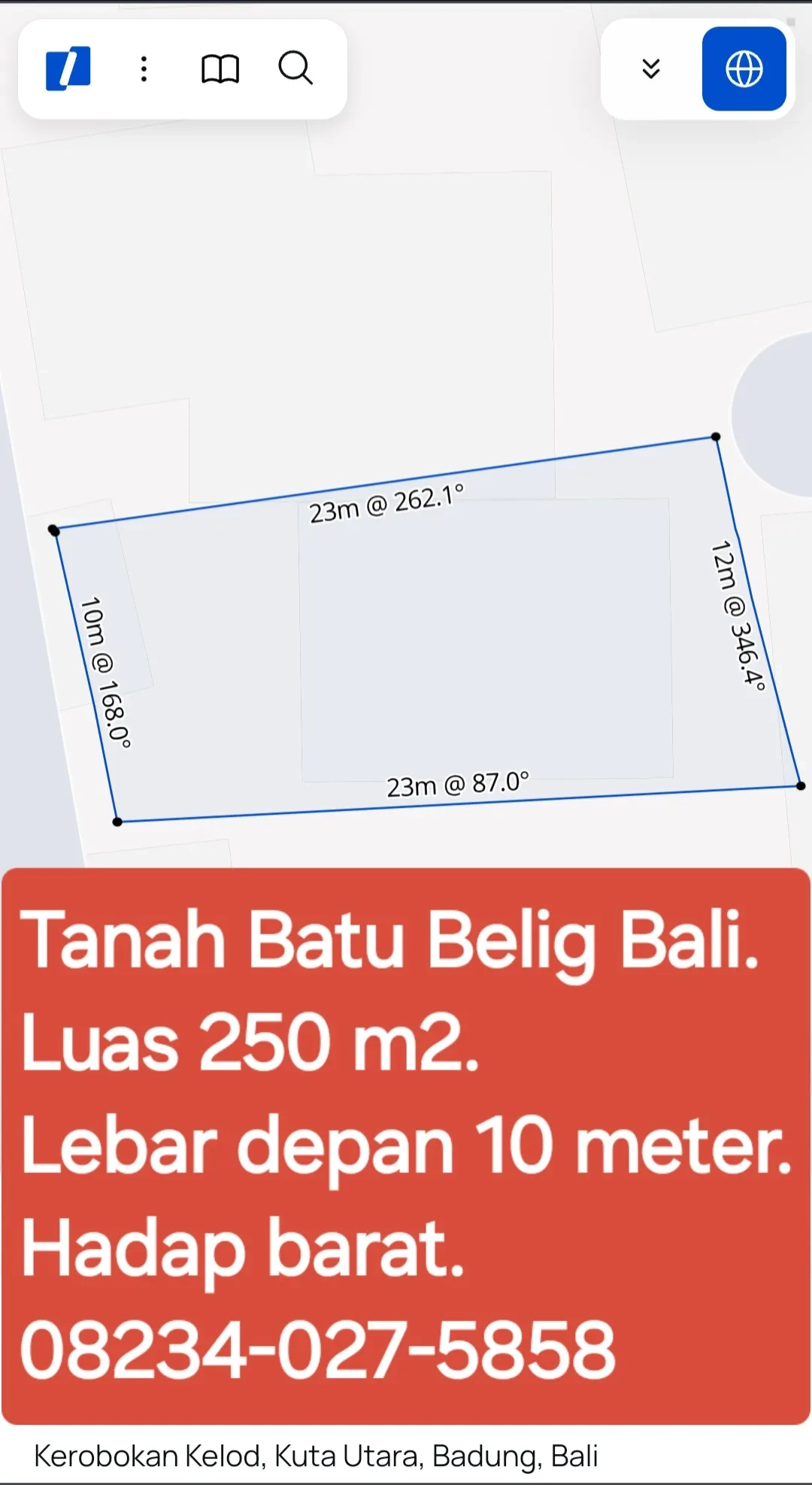 Dijual tanah jl Batu Belig Kerobokan Kuta Utara Badung Bali