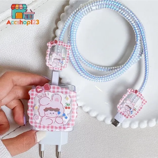 SET PAKET CUTE COVER WAVY PELINDUNG KEPALA & KABEL CHARGER SPIRAL/CABLE SET PROTECTOR KARAKTER FOR A