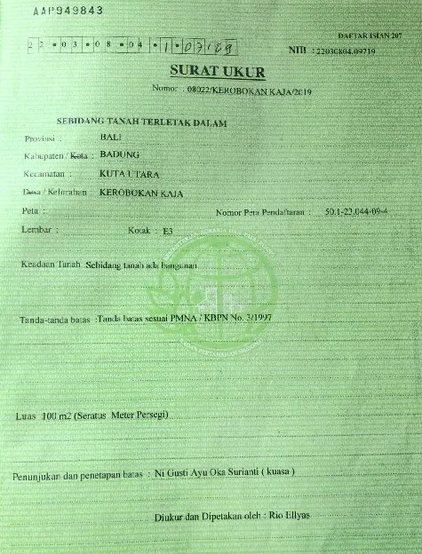 Dijual 1 are, Jl. Muding Mekar Kerobokan Kaja Barat POLTABES Kuta Utara