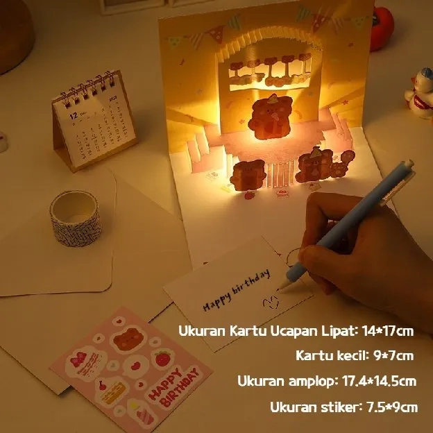 Kartu Ucapan Pop Up 3D ada lampu dan musik Tulisan Happy Birthday dengan Amplop Dengan Lampu + Musik