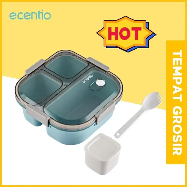 ecentio 3 Grid lunch box 1100ml+100ml Kotak Makan Anti Tumpah Sendok Gratis BPA Free