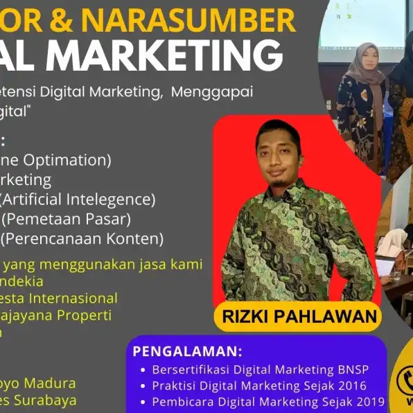 Berpengalaman 0858-9587-9128 Trainer Narasumber Digital Marketing BNSP Kemenparekraf Batam Denpasar Bekasi Jakarta Timur Pekalongan RIZKI PAHLAWAN