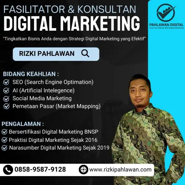 Berintegritas 0858-9587-9128 Coach Narasumber Digital Marketing BNSP Kementerian Perindustrian Bitung Surakarta Bogor Bandung Depok Tangerang RIZKI PAHLAWAN