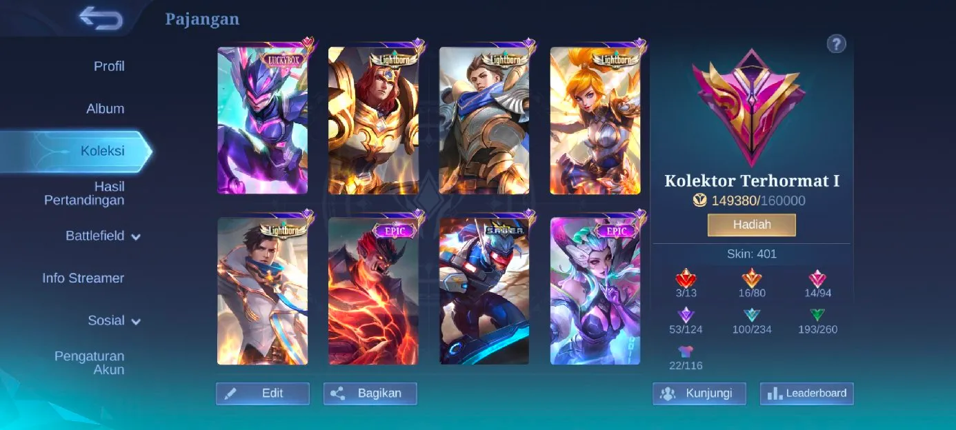 Jual akun Mobile legends, Skin prime 3, Skin legend 3, Skin jujutsu 4