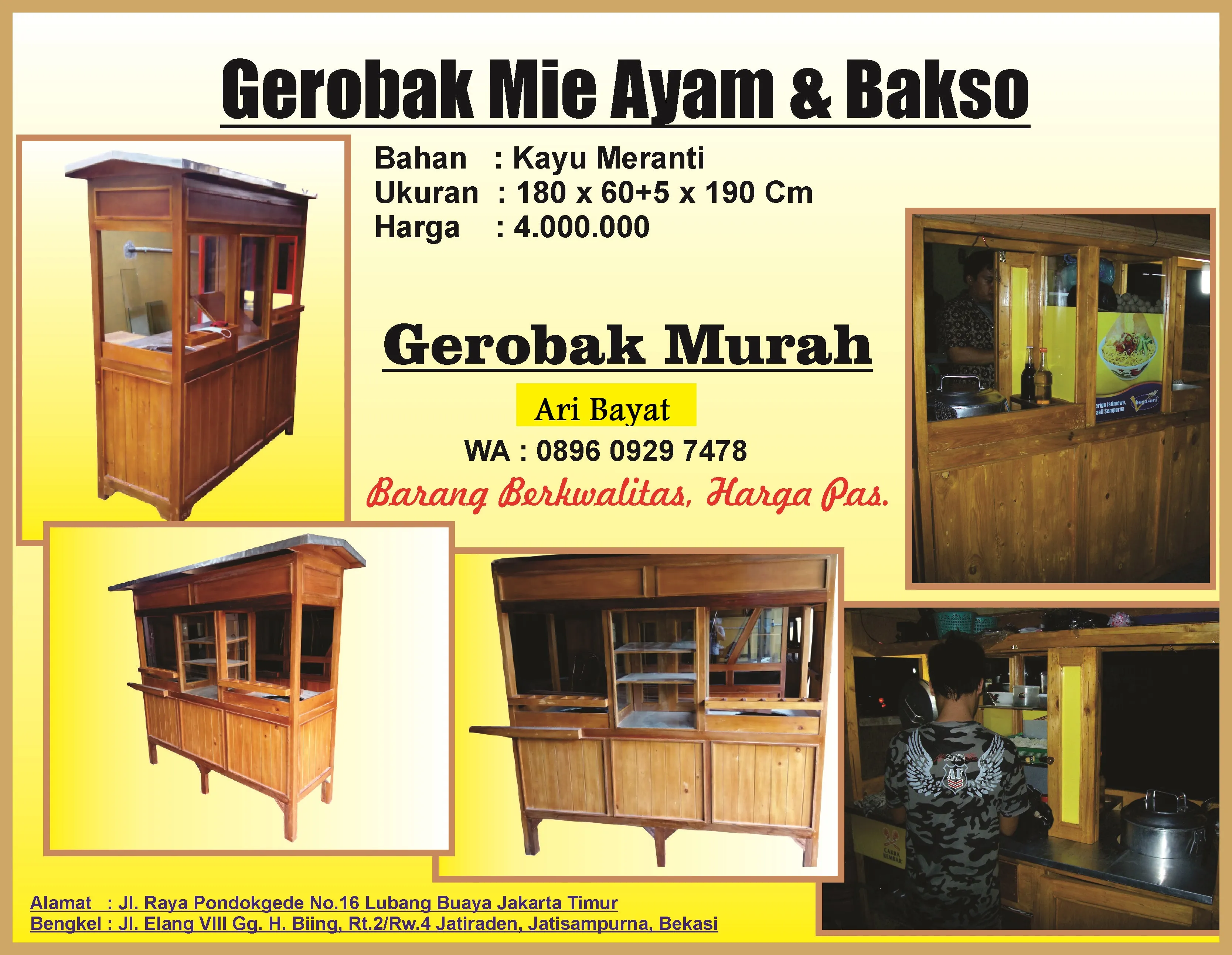 PRODUSEN PABRIK TOKO GROSIR GEROBAK (MIE AYAM DAN BAKSO) BAHAN KAYU DAN BESI MURAH TERDEKAT JAKARTA