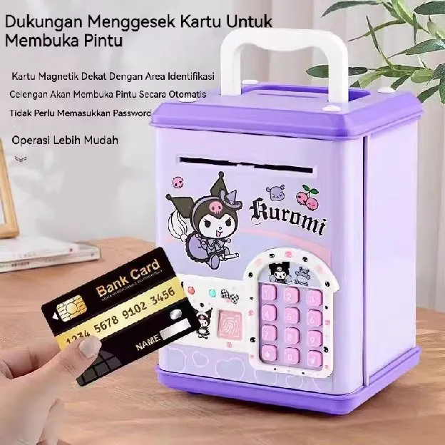 Mainan Kuromi Celengan Mainan ATM Elektrik Kartu Gesek Aman untuk Membuka Pintu Buka Kunci Sidik Jar