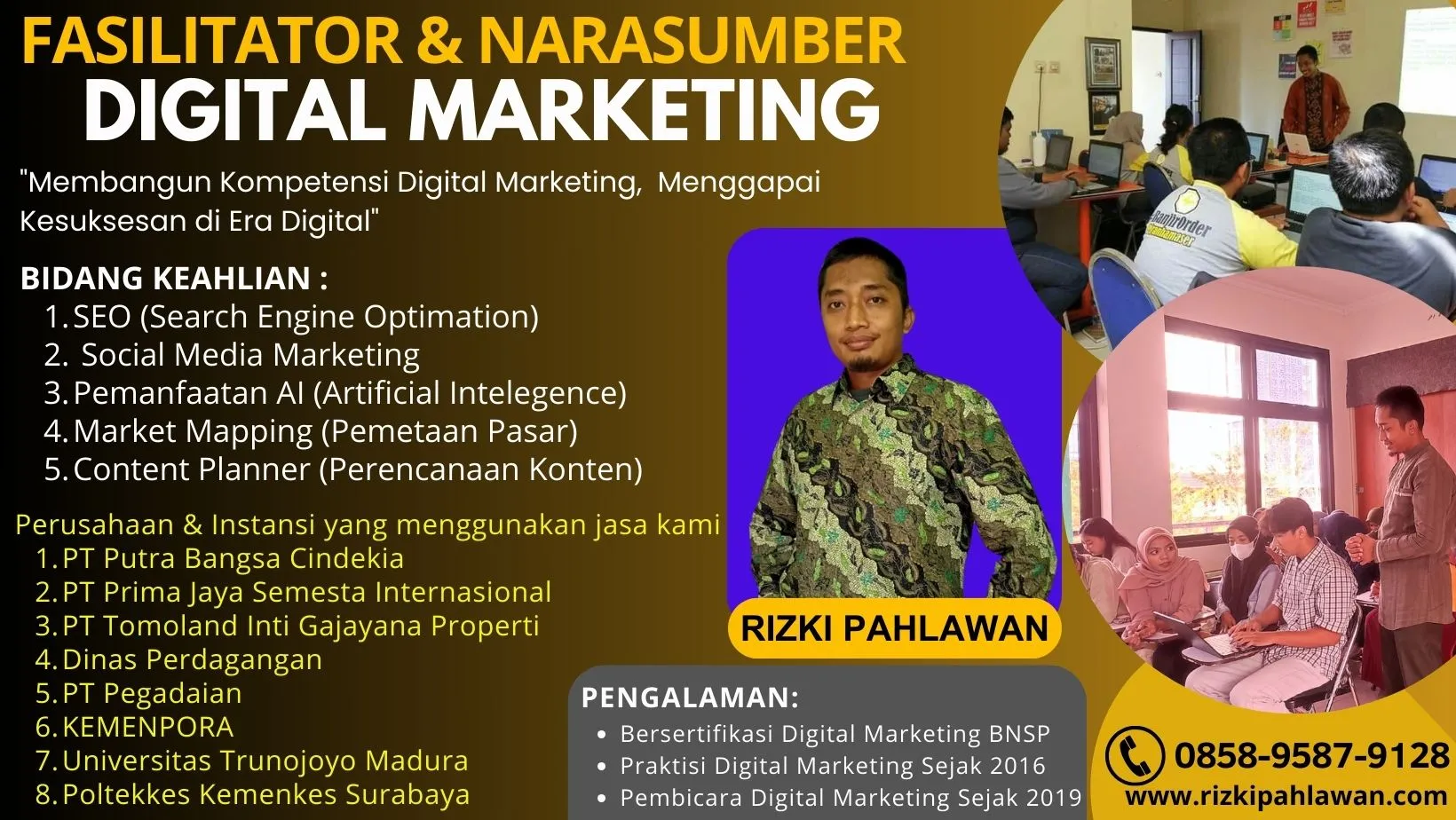 Trainer Narasumber Kewirausahaan Digital Marketing BNSP Perusahaan BUMN Sibolga Denpasar RIZKI PAHLAWAN