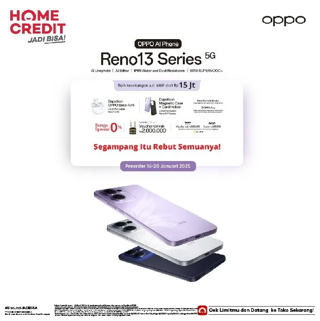 Kredit Oppo Reno 13 5G 12 256GB, Dapatkan Promo Bunga 0% & Bebas 2x cicilan