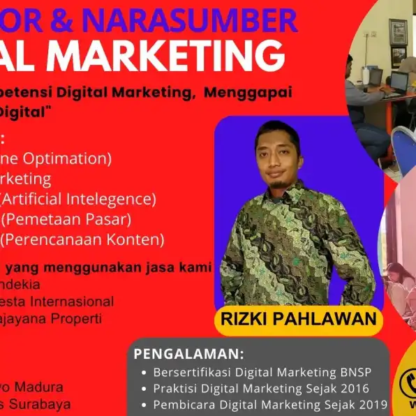 Trainer BNSP 0858-9587-9128 Fasilitator Narasumber Digital Marketing BNSP Dinas Komunikasi & Informatika Bojonegoro Samarinda Bogor Bandung Depok Tangerang RIZKI PAHLAWAN