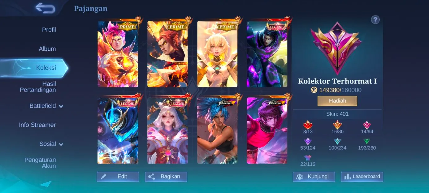 Jual akun Mobile legends, Skin prime 3, Skin legend 3, Skin jujutsu 4