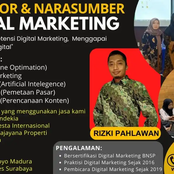 Trainer BNSP 0858-9587-9128 Fasilitator Narasumber Digital Marketing BNSP Dinas Komunikasi & Informatika Bojonegoro Samarinda Bogor Bandung Depok Tangerang RIZKI PAHLAWAN