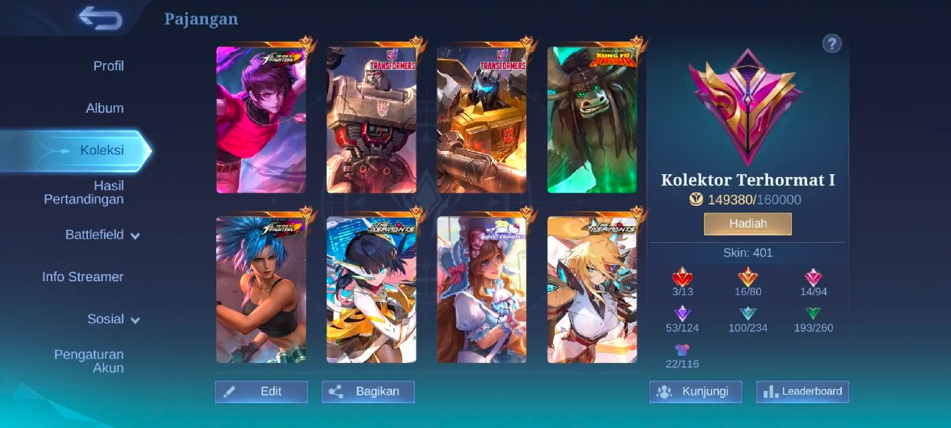 Jual akun Mobile legends, Skin prime 3, Skin legend 3, Skin jujutsu 4