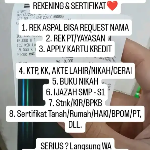 Jasa rekening aspal request nama, jasa sertifikat dan dokumen aspal ijazah ktp bpkb stnk