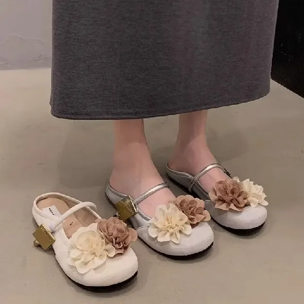 Setengah sandal wanita musim panas di luar memakai bunga gaya peri baru sandal keren gaya malam Pran