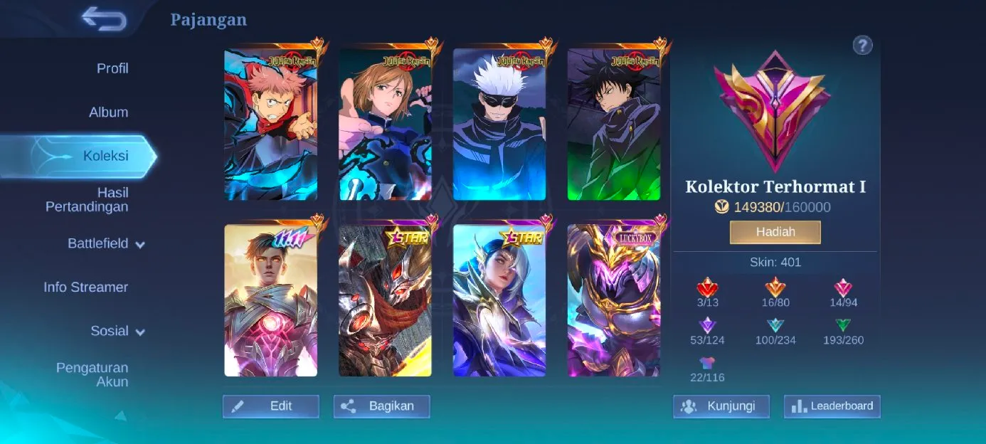 Jual akun Mobile legends, Skin prime 3, Skin legend 3, Skin jujutsu 4