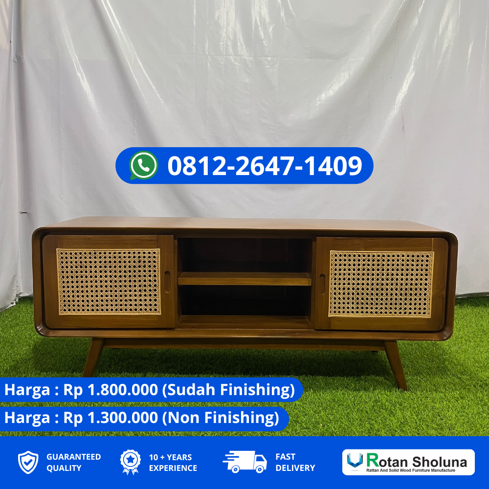 Meja TV Jati Bergaya Retro dengan Kaki Ramping
