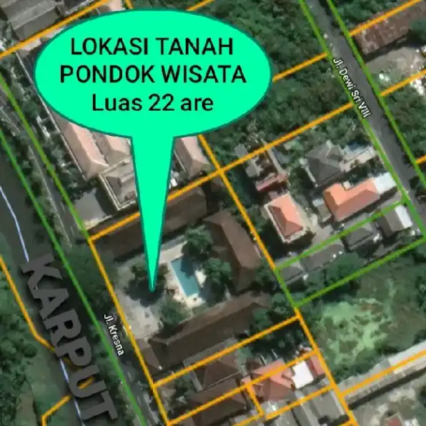 Dijual 22,4 are, Free Pondok Wisata, Jl. Kresna Dewi Sri Sunsetroad Seminyak Legian Kuta