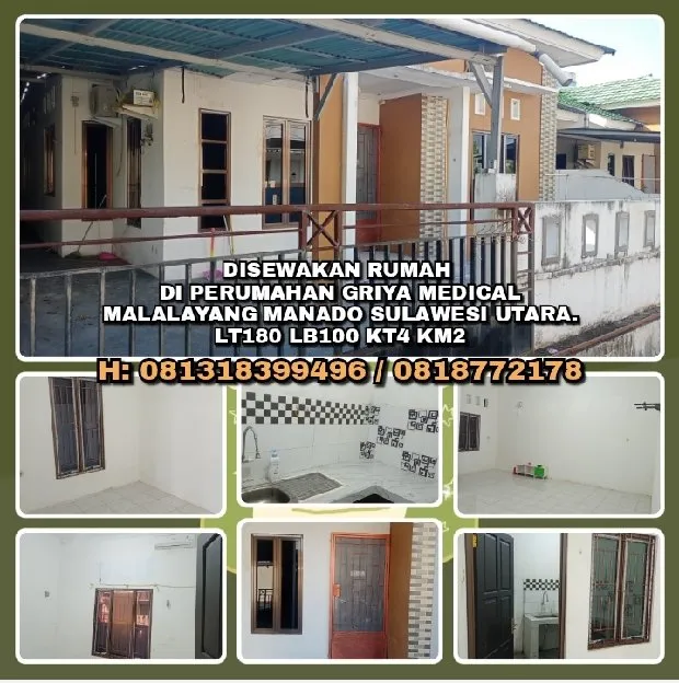 DISEWAKAN RUMAH DI PERUM GRIYA MEDICAL MALALAYANG MANADO SULAWESI UTARA.LT180 LB100 KT4 KM2