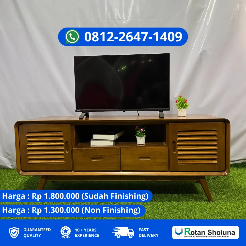 Meja TV Jati Desain Modern dengan Rak Floating