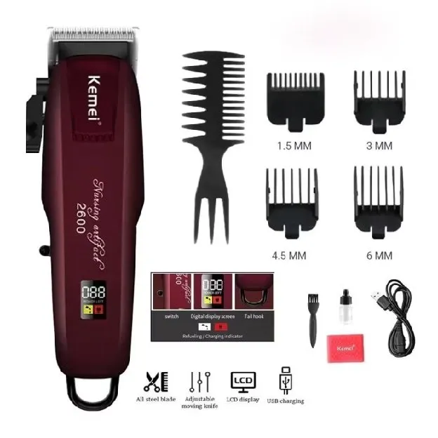 Mesin Cukur Rambut Elektrik Kemei Standar Barbershop Profesional Hair Clipper  LCD Digital Cordless