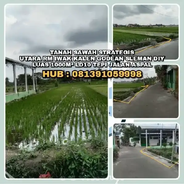 TANAH SAWAH STRATEGIS UTARA RM IWAK KALEN GODEAN SLEMAN DIY.LUAS 1000M² LD10 TEPI JALAN ASPAL.H: 081