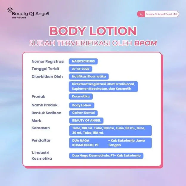 BEAUTY OF ANGEL BODY LOTION With Niacinamide dan Aloe Vera Extract Lotion Pencerah Kulit