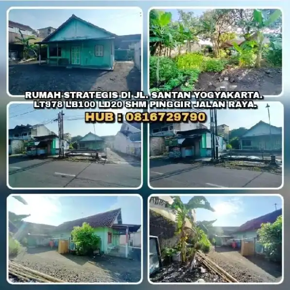 RUMAH STRATEGIS DI JL. SANTAN YOGYAKARTA. LT978 LB100 LD20 SHM PINGGIR JALAN BESAR.H: 0816729790>