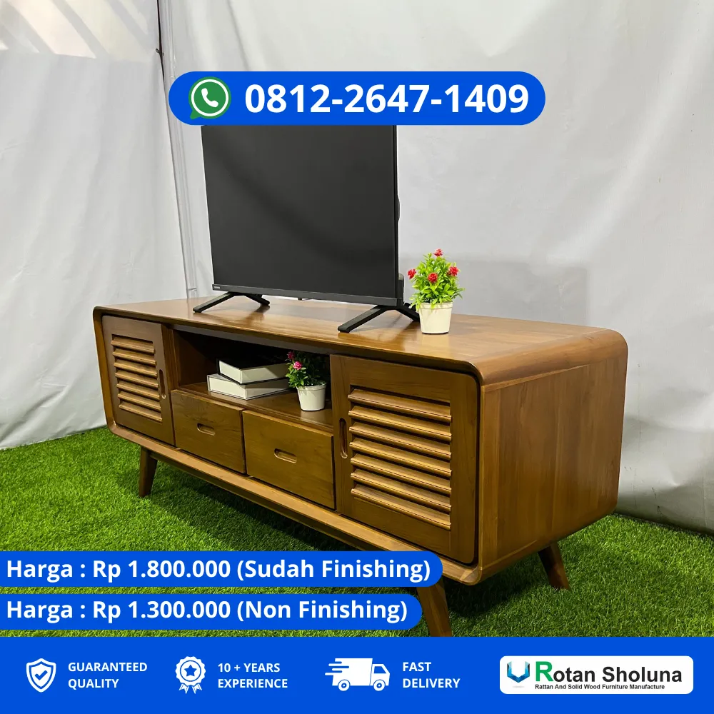 Meja TV Jati dengan Rak Buku dan Laci Multifungsi