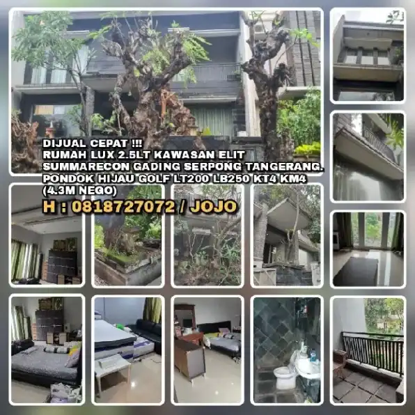 DIJUAL CEPAT RUMAH LUX 2.5LT KAWASAN ELIT SUMMARECON GADING SERPONG TANGERANG. PONDOK HIJAU GOLF