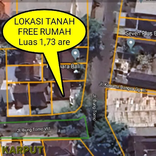 Dijual 1,73 are + Free RUMAH, Jl. Bung Tomo Gatsu Barat Pemecutan Kaja Denpasar